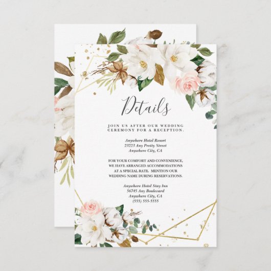 Blush Pink Gold Geometric en White Magnolia Flora Informatiekaartje (Voorkant / Achterkant)