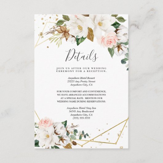 Blush Pink Gold Geometric en White Magnolia Flora Informatiekaartje (Voorkant)
