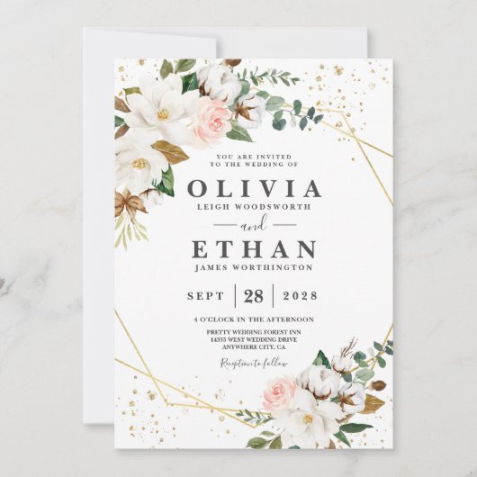 Blush Pink Gold Geometric en White Magnolia Flora Kaart (Voorkant)