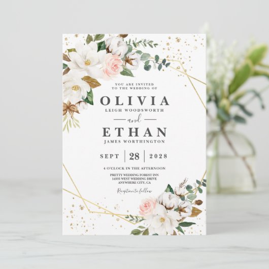 Blush Pink Gold Geometric en White Magnolia Flora Kaart (Staand voorkant)