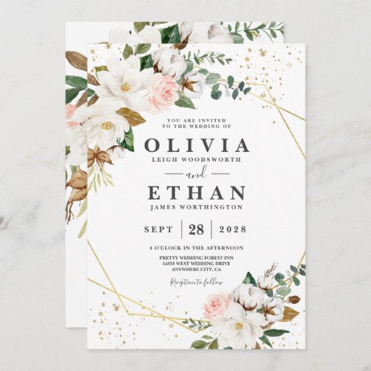 Blush Pink Gold Geometric en White Magnolia Flora Kaart (Voorkant / Achterkant)