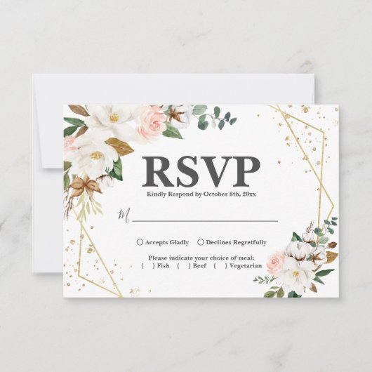 Blush Pink Gold Geometric en White Magnolia Flora RSVP Kaartje (Voorkant)