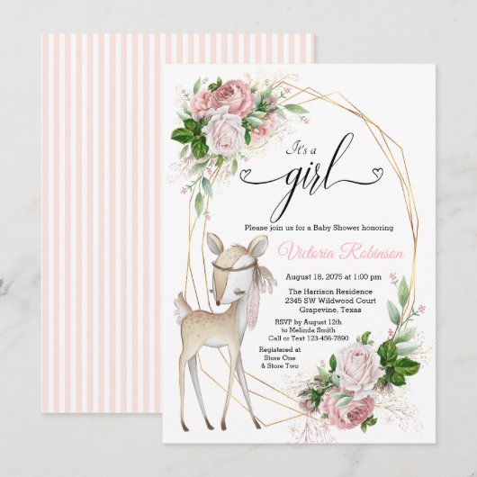 Blush Pink Gold Girl Deer Baby shower Kaart (Voorkant / Achterkant)