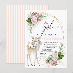 Blush Pink Gold Girl Deer Baby shower Kaart