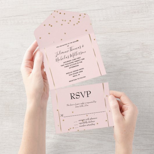 Blush Pink Gold Glam Confetti All In One Uitnodiging (Afscheurbaar)