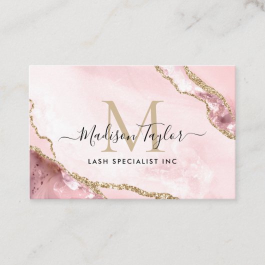 Blush Pink Gold Glam Glitter Marble Agate Monogram Visitekaartje (Voorkant)