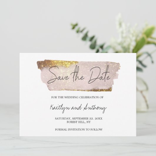 Blush Pink & Gold Glam Script Save The Date (Staand voorkant)