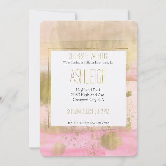 Blush Pink Gold Glam Waterverf Mooie verjaardag Kaart (Voorkant)