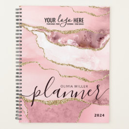 Blush Pink Gold Glitter Agate Business Logo 2024 Planner