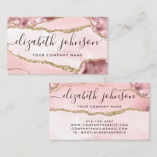 Blush Pink Gold Glitter Agate Marble Girly Script Visitekaartje (Voorkant / Achterkant)