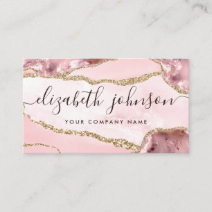 Blush Pink Gold Glitter Agate Marble Girly Script Visitekaartje
