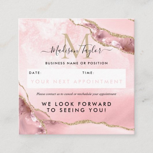 Blush Pink Gold Glitter Agate Marble Monogram Cute Afsprakenkaartje (Voorkant)