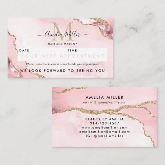 Blush Pink Gold Glitter Agate Marble Monogram Cute Afsprakenkaartje (Voorkant / Achterkant)