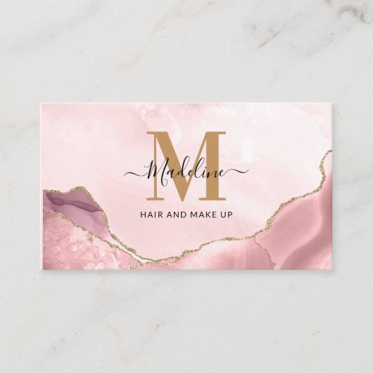 Blush Pink Gold Glitter Agate Marble Monogram Visitekaartje (Voorkant)