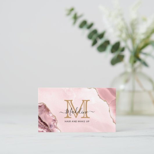 Blush Pink Gold Glitter Agate Marble Monogram Visitekaartje (Staand voorkant)