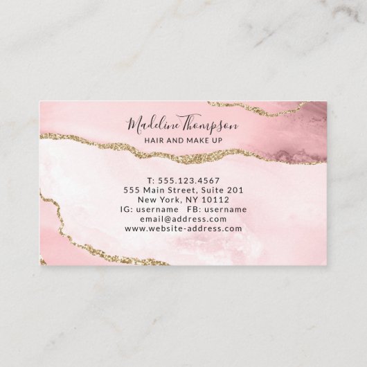 Blush Pink Gold Glitter Agate Marble Monogram Visitekaartje (Achterkant)