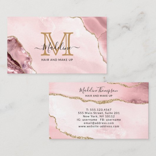 Blush Pink Gold Glitter Agate Marble Monogram Visitekaartje (Voorkant / Achterkant)
