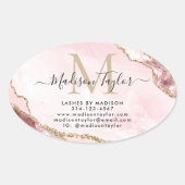 Blush Pink Gold Glitter Agate Monogram Business Ovale Sticker (Voorkant)