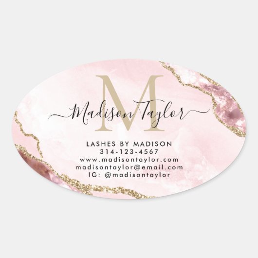 Blush Pink Gold Glitter Agate Monogram Business Ovale Sticker (Voorkant)