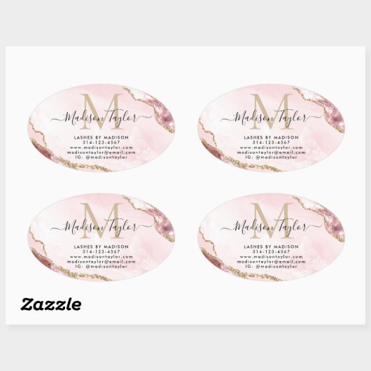 Blush Pink Gold Glitter Agate Monogram Business Ovale Sticker (Vel)