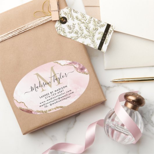 Blush Pink Gold Glitter Agate Monogram Business Ovale Sticker (Geschenken)