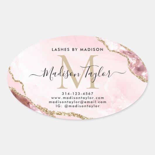 Blush Pink Gold Glitter Agate Monogram Business Ovale Sticker (Voorkant)
