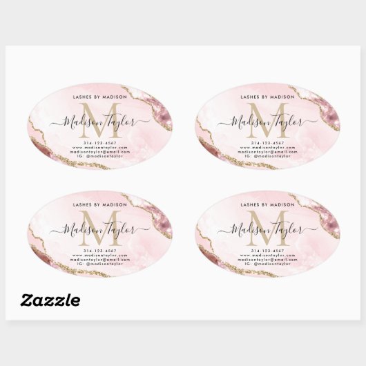 Blush Pink Gold Glitter Agate Monogram Business Ovale Sticker (Vel)