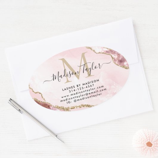 Blush Pink Gold Glitter Agate Monogram Business Ovale Sticker (Envelop)