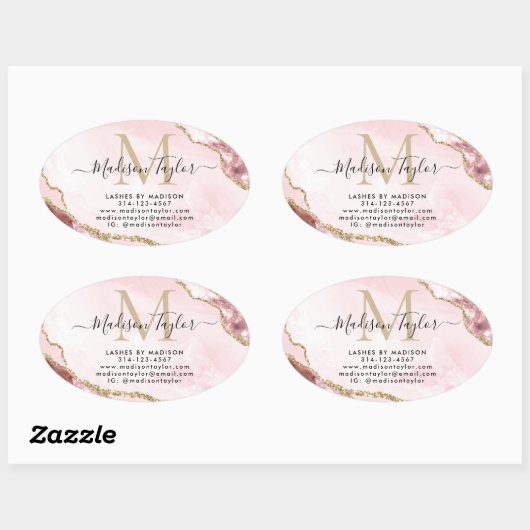 Blush Pink Gold Glitter Agate Monogram Business Ovale Sticker (Vel)