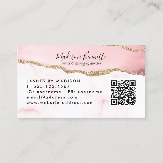 Blush Pink Gold Glitter Agate Monogram QR Code Visitekaartje (Achterkant)