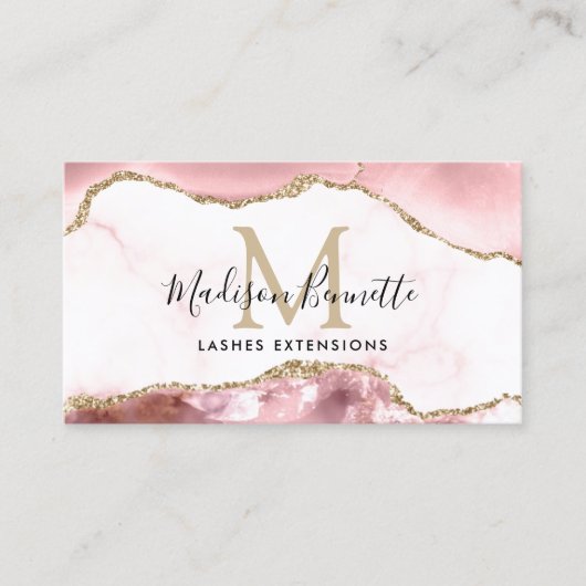 Blush Pink Gold Glitter Agate Monogram QR Code Visitekaartje (Voorkant)