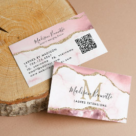 Blush Pink Gold Glitter Agate Monogram QR Code Visitekaartje