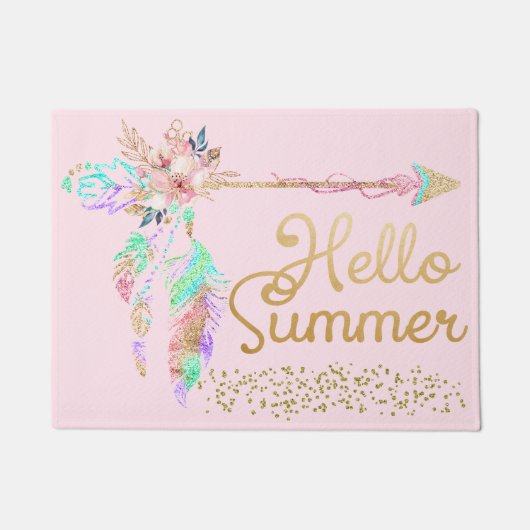 Blush Pink Gold Glitter Boho Feather Hallo Summer Deurmat (Voorkant)