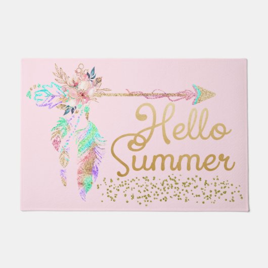 Blush Pink Gold Glitter Boho Feather Hallo Summer Deurmat (Voorkant)
