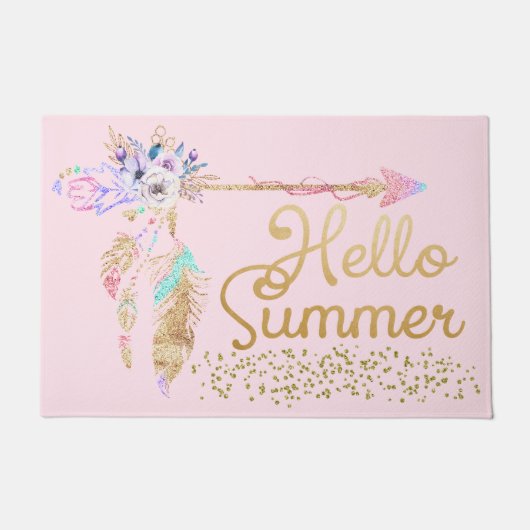 Blush Pink Gold Glitter Boho Feather Hallo Summer Deurmat (Voorkant)