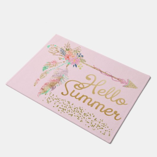 Blush Pink Gold Glitter Boho Feather Hallo Summer Deurmat (Schuin)