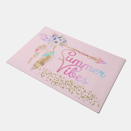 Blush Pink Gold Glitter Boho Feather Summer Vibes Deurmat (Schuin)