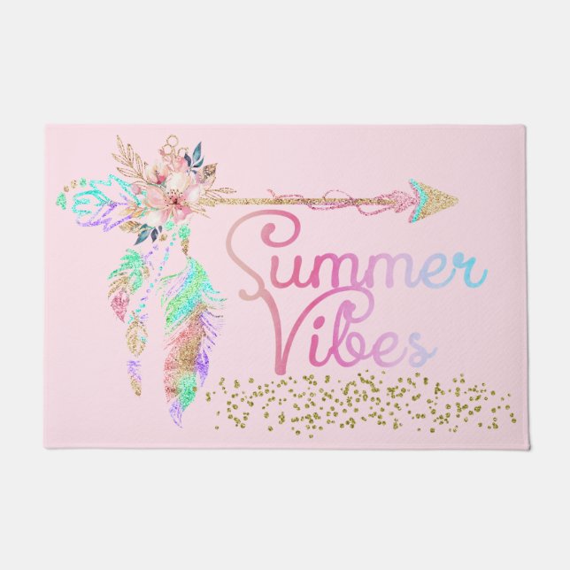 Blush Pink Gold Glitter Boho Feather Summer Vibes Deurmat (Voorkant)