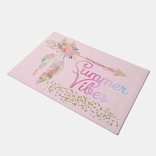 Blush Pink Gold Glitter Boho Feather Summer Vibes Deurmat (Schuin)