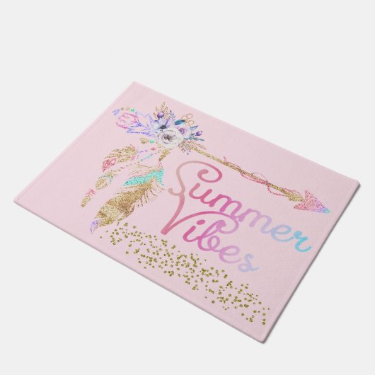 Blush Pink Gold Glitter Boho Feather Summer Vibes Deurmat (Schuin)