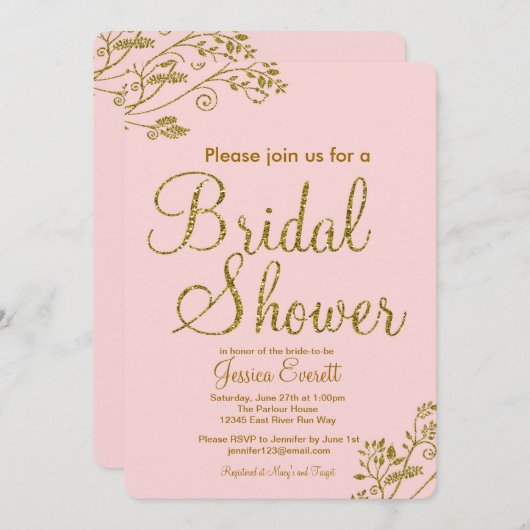 Blush Pink Gold Glitter Bridal douche Uitnodiging (Voorkant / Achterkant)