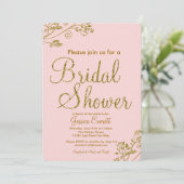 Blush Pink Gold Glitter Bridal douche Uitnodiging (Staand voorkant)