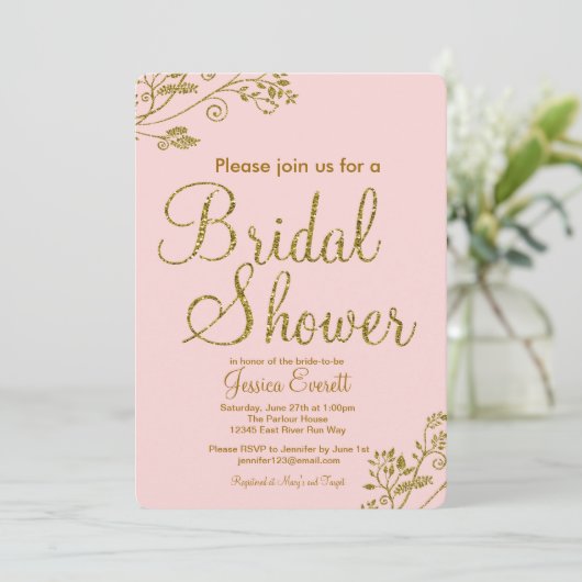Blush Pink Gold Glitter Bridal douche Uitnodiging (Staand voorkant)