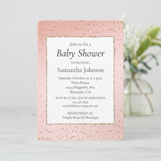 Blush Pink Gold Glitter Confetti Baby shower Kaart (Staand voorkant)