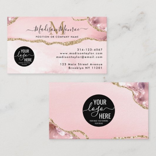 Blush Pink Gold Glitter Custom Logo Agate Monogram Visitekaartje (Voorkant / Achterkant)