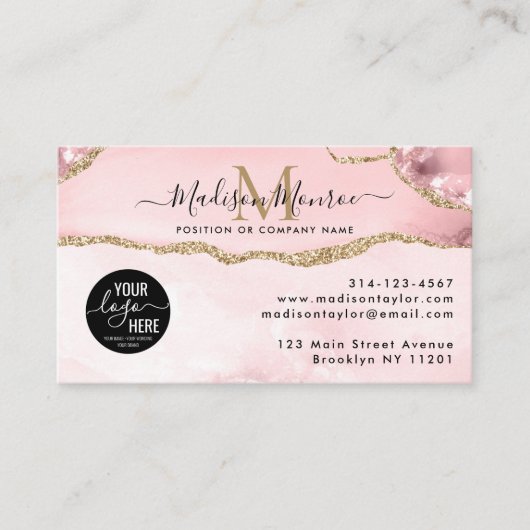 Blush Pink Gold Glitter Custom Logo Agate Monogram Visitekaartje (Voorkant)
