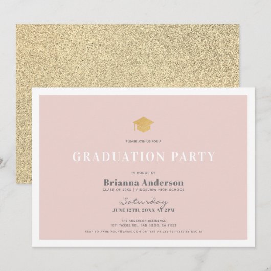 Blush Pink Gold Glitter Eenvoudige Graduation Part Kaart (Voorkant / Achterkant)