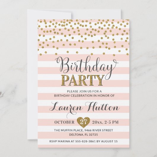Blush Pink Gold Glitter Elegant Birthday Party Kaart (Voorkant)