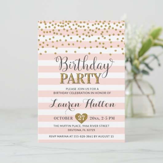 Blush Pink Gold Glitter Elegant Birthday Party Kaart (Staand voorkant)