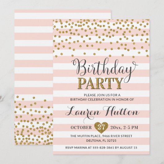 Blush Pink Gold Glitter Elegant Birthday Party Kaart (Voorkant / Achterkant)